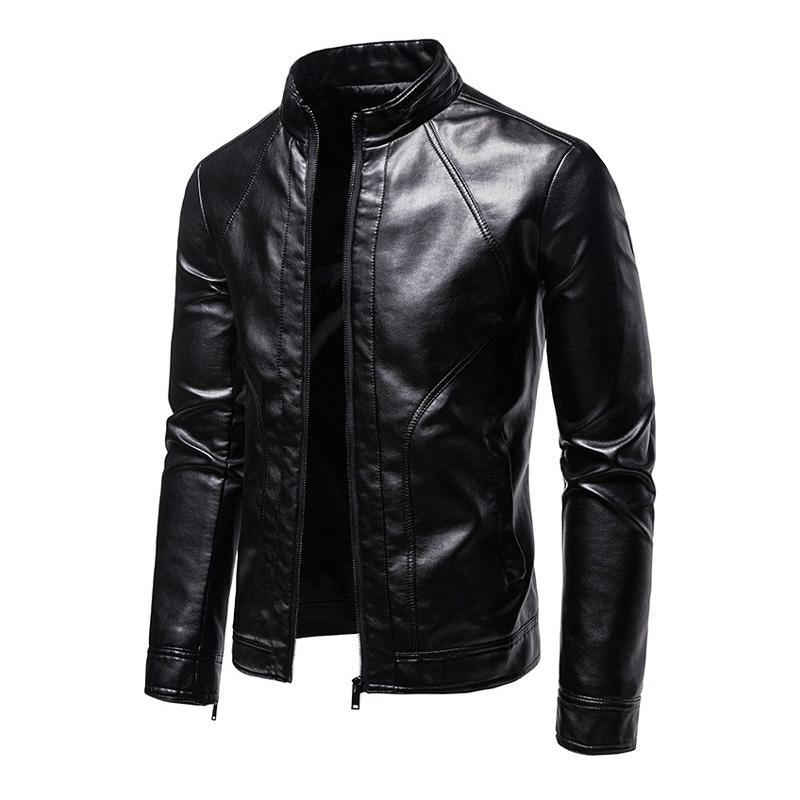 Men's Vintage Stand Collar Casual Motorcycle Leather Jacket 75420273X