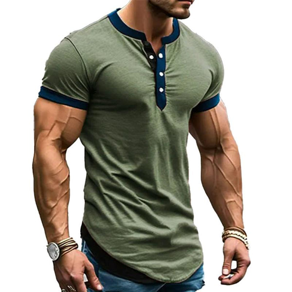 Men's Contrast Color Casual Short Sleeve Bottoming Henley Shirt 58739176X