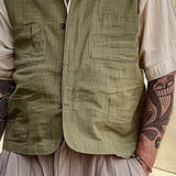 Men's Cotton And Linen V-Neck Multi-Pocket Single-Breasted Vest 39621936Y