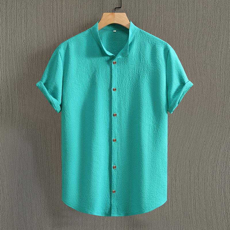 Men's Solid Color Cardigan Stand Collar Short Sleeve Shirt 50476787X