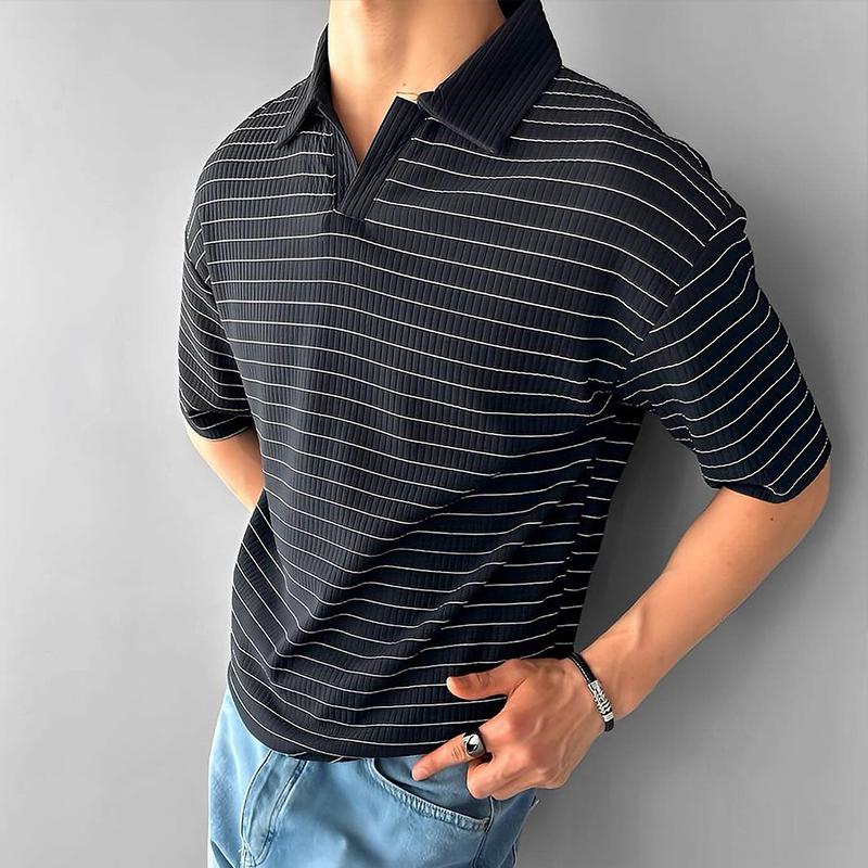 Men's Casual Retro Striped Lapel Short-sleeved T-shirt 39567195TO