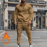 Men's Solid Color Casual Plush Warm Zipper Stand Collar Sweatshirt Sweatpants Set 08038864Y