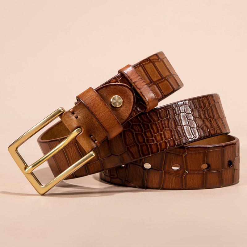 Ceinture en cuir de vachette véritable première couche pour homme avec boucle en bronze cuivré pur 21888959U