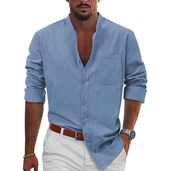 Men's Casual Solid Color Stand Collar Slim Cotton Linen Long Sleeve Shirt 71104955M