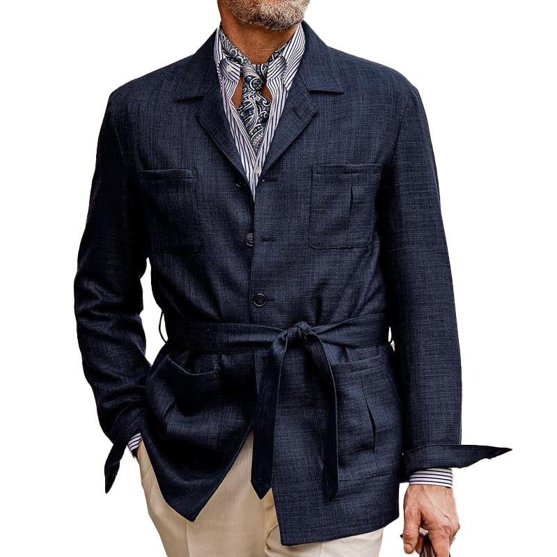 Blazer boutonné multi-poches en coton et lin pour homme, couleur unie, 92253893X