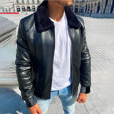 Men's solid color thickened motorcycle lapel PU leather jacket 58180159X