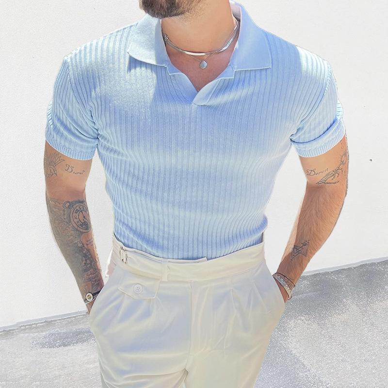Men's Solid Color Knitted Slim Fit Short-Sleeved Polo Shirt 46264707Y