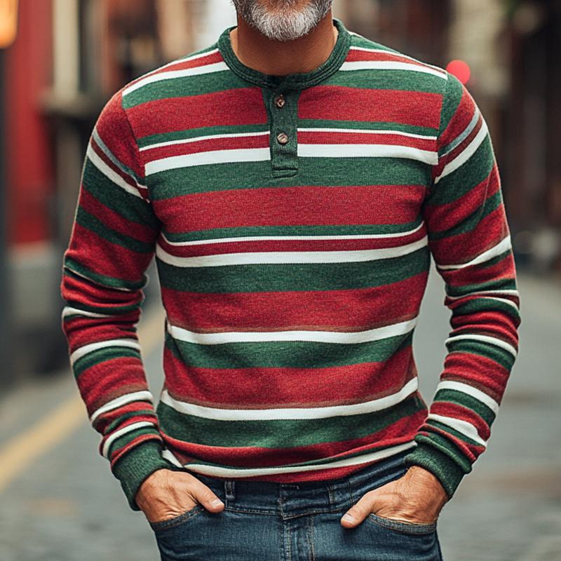 Men's Vintage Casual Christmas Striped Henley Long Sleeve T-Shirt 84532470TO