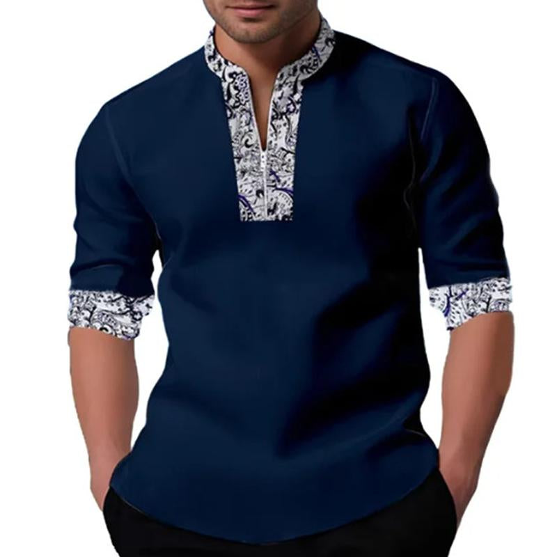 Men's Casual Printed Patchwork Zip Collar Long Sleeve Shirt 67730780Y