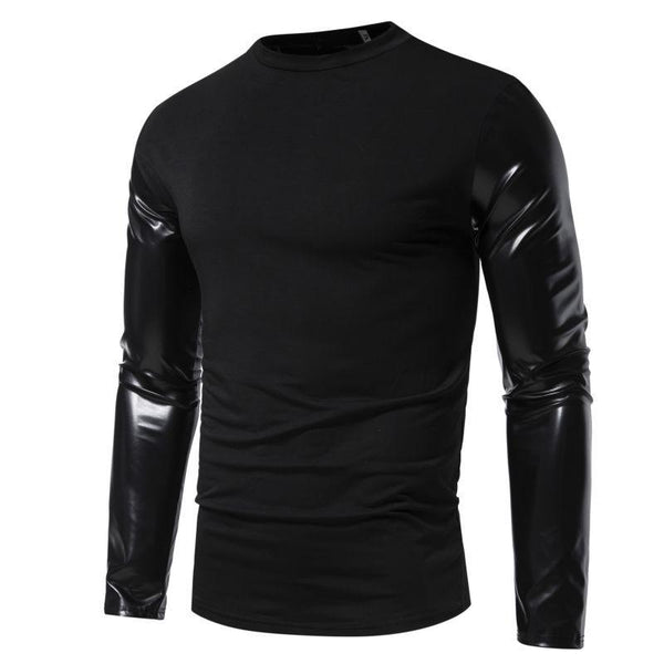 Men's Casual Round Neck Leather Sleeve Long Sleeve T-Shirt 67052634X