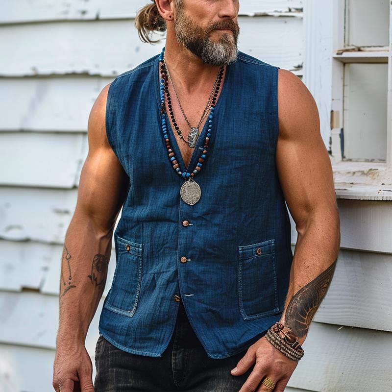 Men's Vintage Washed Denim V-neck Vest 36695763X