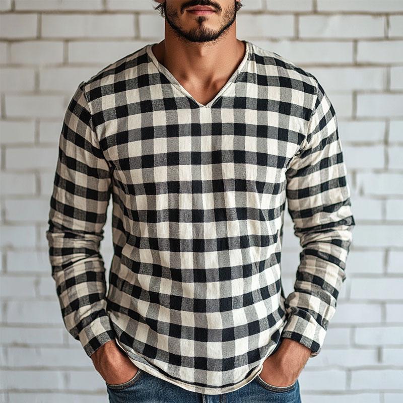 Men's Cotton and Linen V-neck Plaid Long-sleeved T-shirt 90531915X