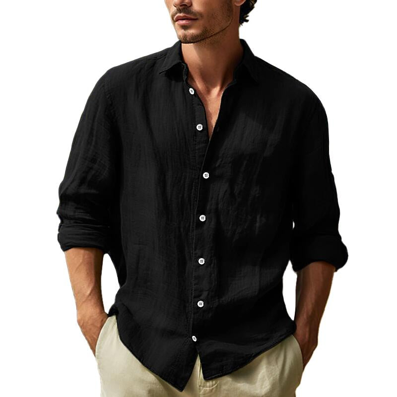 Men's Casual Solid Color Cotton Linen Lapel Long Sleeve Shirt 61941078M