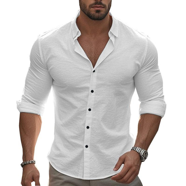 Men's Cotton Lapel Solid Color Long Sleeve Shirt 03448212Y