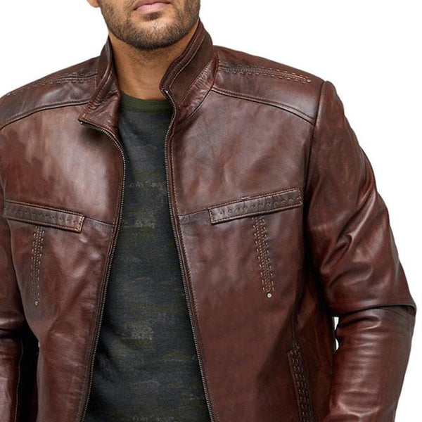 Men's Vintage Crimson Zipper Leather Jacket 80200483U