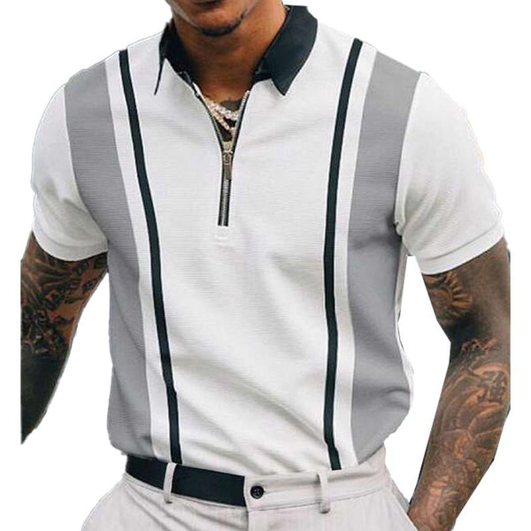 Men's Striped Print Stitching Short-sleeved Lapel Zip POLO Shirt 55227832X