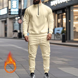 Men's Solid Color Casual Plush Warm Zipper Stand Collar Sweatshirt Sweatpants Set 08038864Y