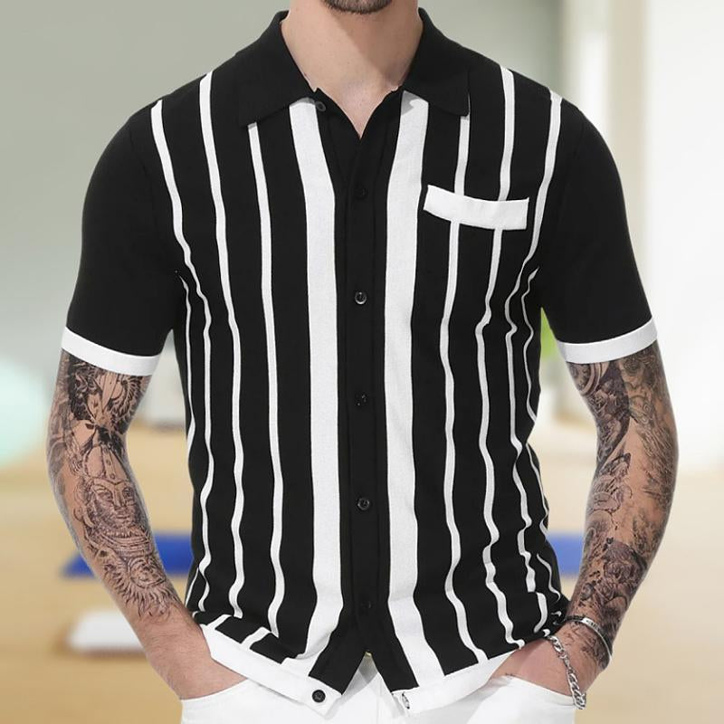 Men's Casual Striped Jacquard Knit Short Sleeve Polo Shirt 39101215M