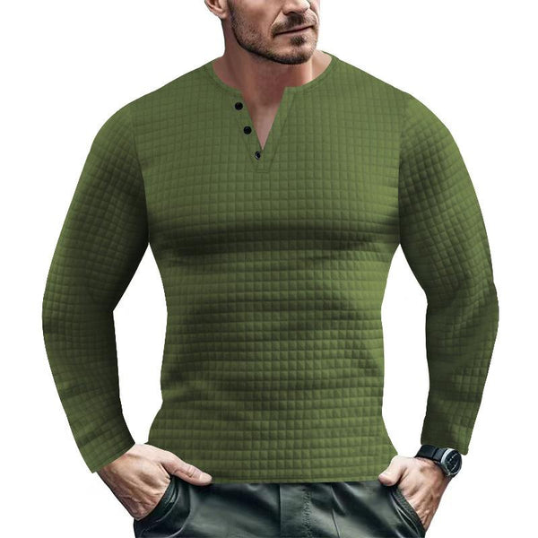 Men's Casual Solid Color Waffle Henley Collar Long Sleeve Sweatshirt 00235350Y