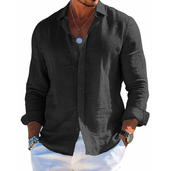 Men's Cotton and Linen Casual Solid Color Lapel Shirt 31793795X