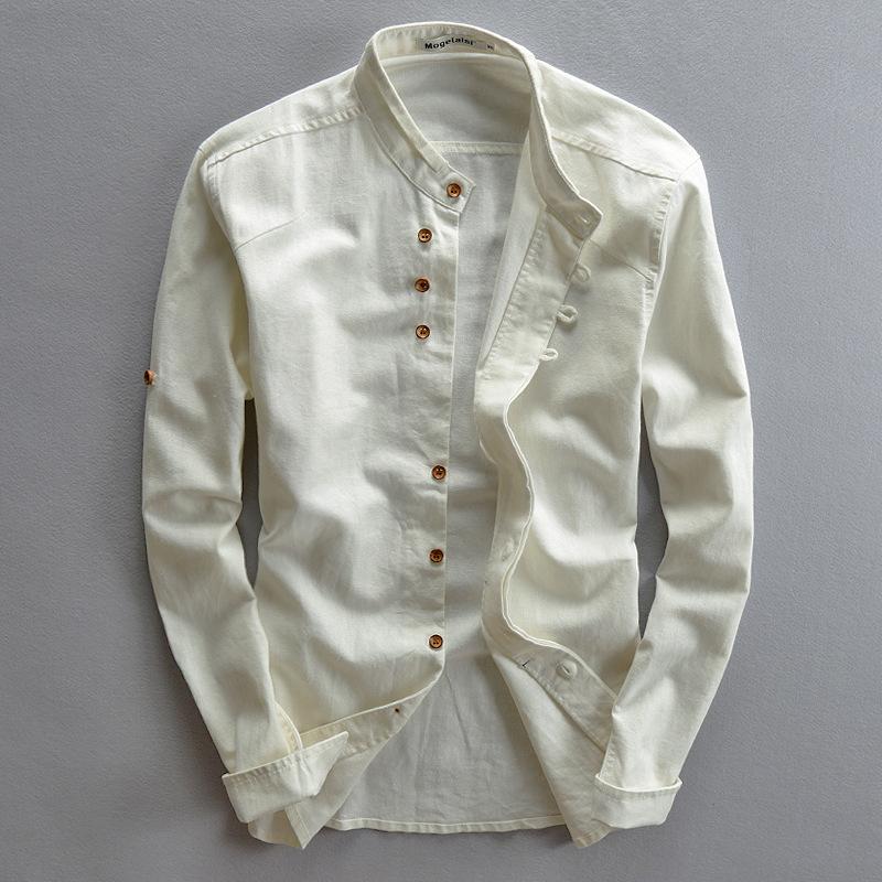 Men's Cotton and Linen Vintage Stand Collar Shirt 77017951U