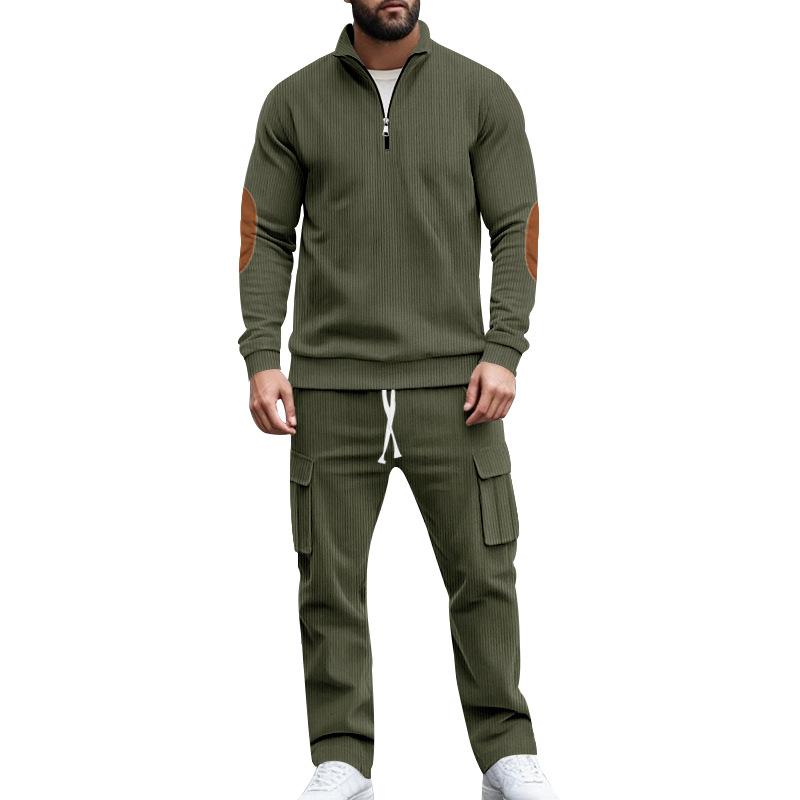 Men's Solid Corduroy Stand Collar Long Sleeve Sweatshirt Multi-pocket Pants Casual Set 64053951Z