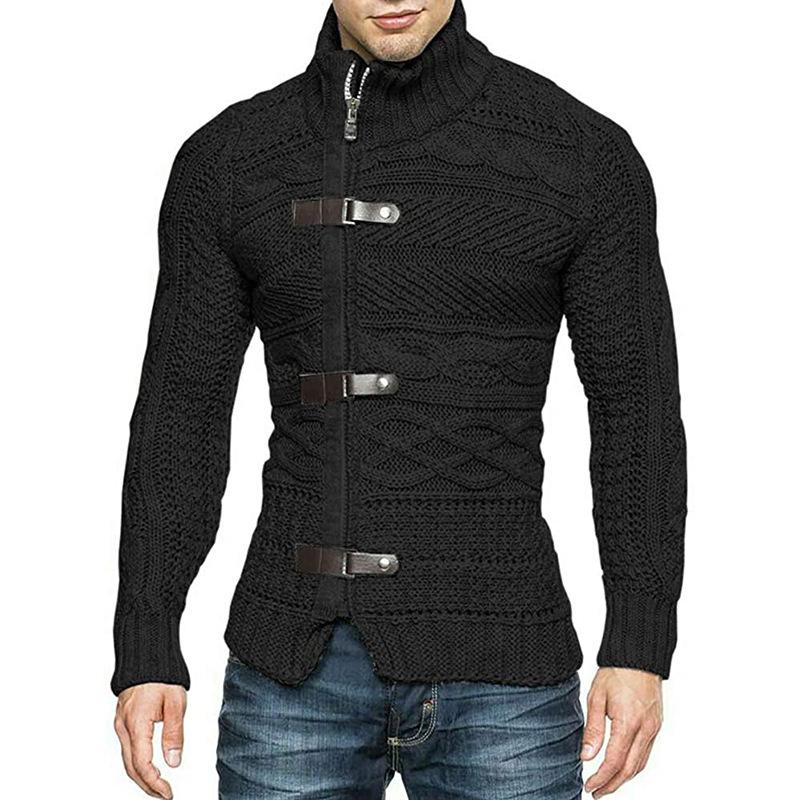 Men's Casual Stand Collar Zipper Cable Knitted Slim Cardigan 14927579M