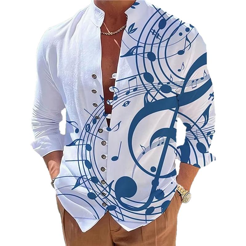 Men's Stand Collar Printed Musical Note Printed Button Long Sleeve Shirt 30315529X