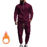 Men's Solid Color Casual Plush Warm Zipper Stand Collar Sweatshirt Sweatpants Set 08038864Y