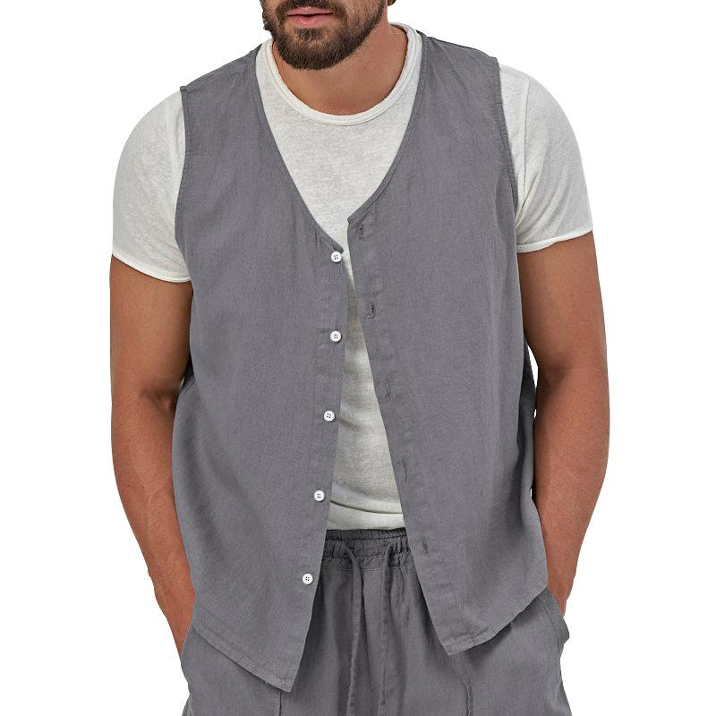 Men's Single Breasted Casual Solid Color Linen V-Neck Vest 69545873X