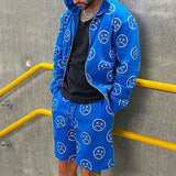 Men's Casual Printed Loose Zipper Hooded Jacket Shorts Set 36070905M