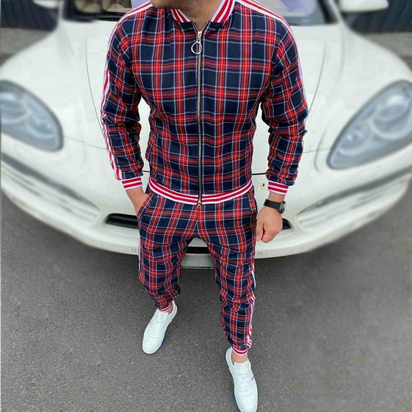 Men's Retro Casual Plaid Print Zipper Two-Piece Set 29572226TO