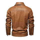 Men's Vintage Solid Color Double Breast Pockets Lapel Leather Jacket 33879944Y