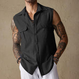 Men's Casual Cotton Linen Blended Flap Pocket Lapel Sleeveless Shirt 01525585M