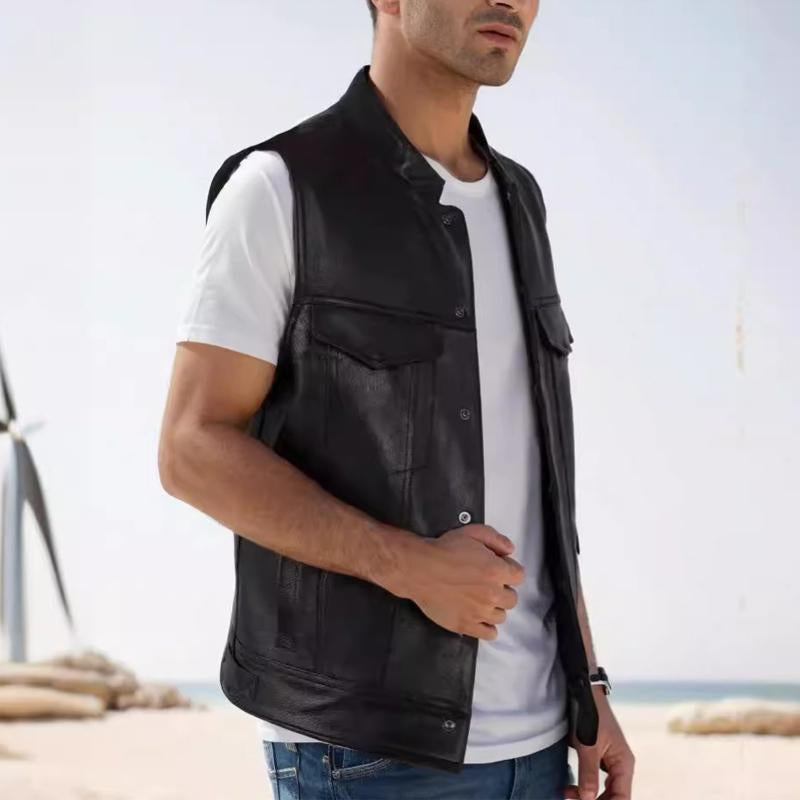 Men's PU Leather Single Breasted Cardigan Multi-Pocket Stand Collar Vest 30665861U