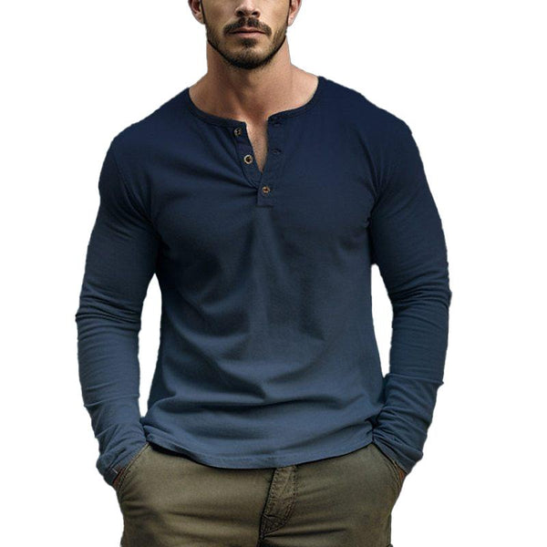 Men's Casual Color Block Gradient Print Henley Neck Long Sleeve T-Shirt 26419822Y