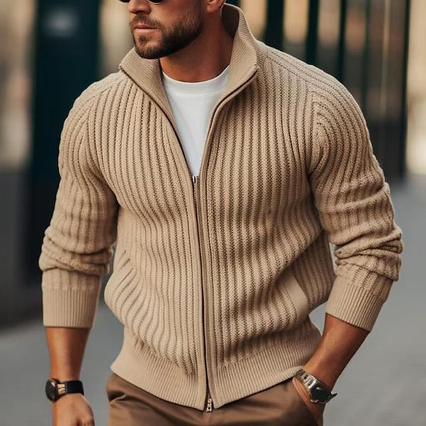 Men's Casual Solid Color Stand Collar Zipper Knitted Long-Sleeved Cardigan 49236387M