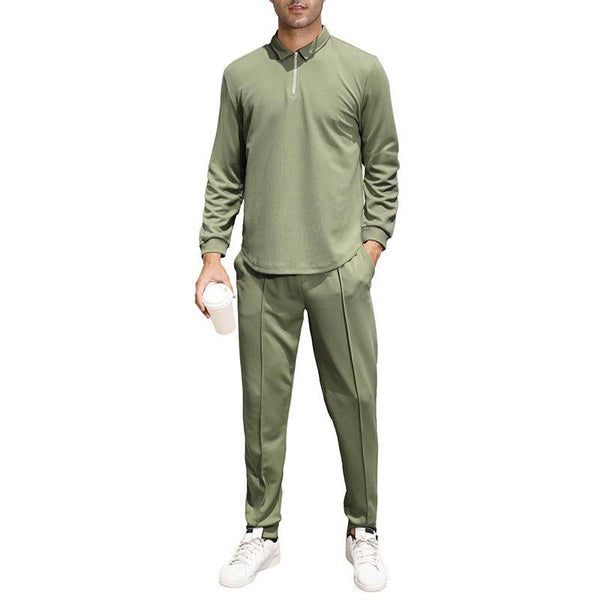 Men's Casual Solid Color Long Sleeve Polo Shirt and Pants Set 08398568Y
