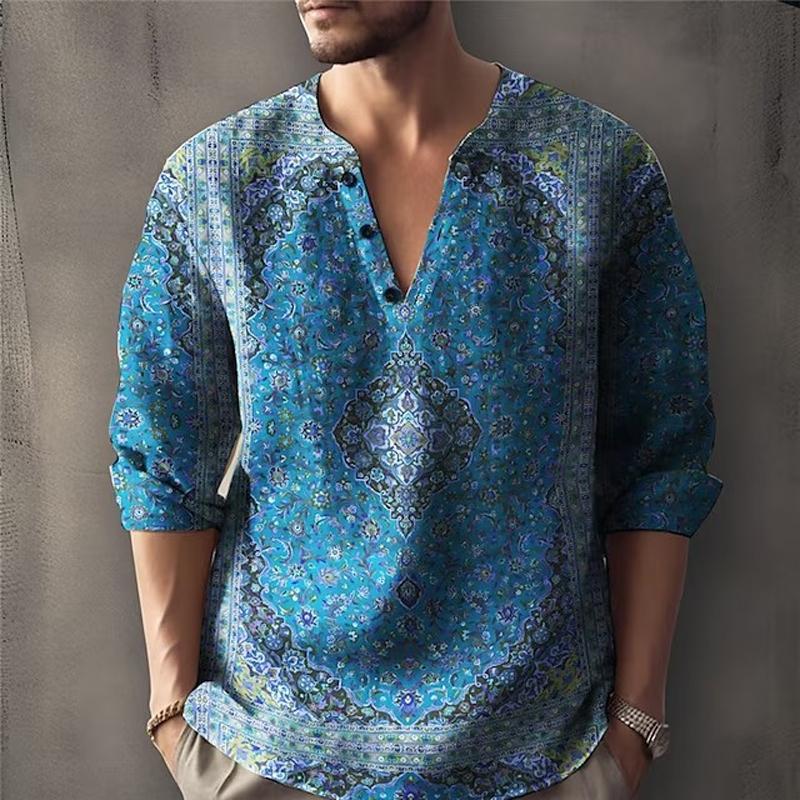 Men's Casual Vintage Print V-Neck Long Sleeve Shirt 77161163Y