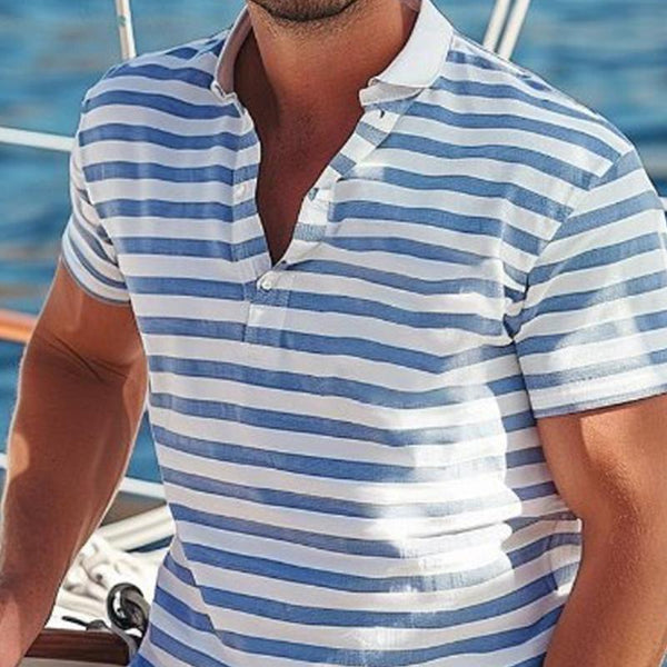 Men's Striped Printed Lapel Short Sleeve Polo Shirt 53064705Y