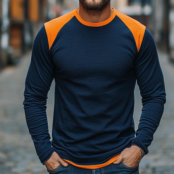 Men's Retro Casual Colorblock Round Neck Long Sleeve T-Shirt 05591873TO