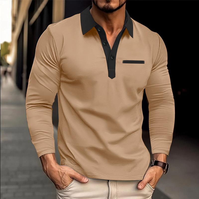 Men's Long Sleeve Lapel Color Block POLO Shirt 90958638X