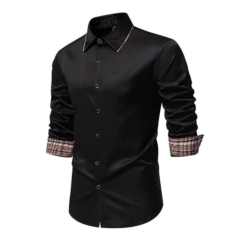 Men's Casual Plaid Color Block Slim Fit Lapel Long Sleeve Shirt 29516263M