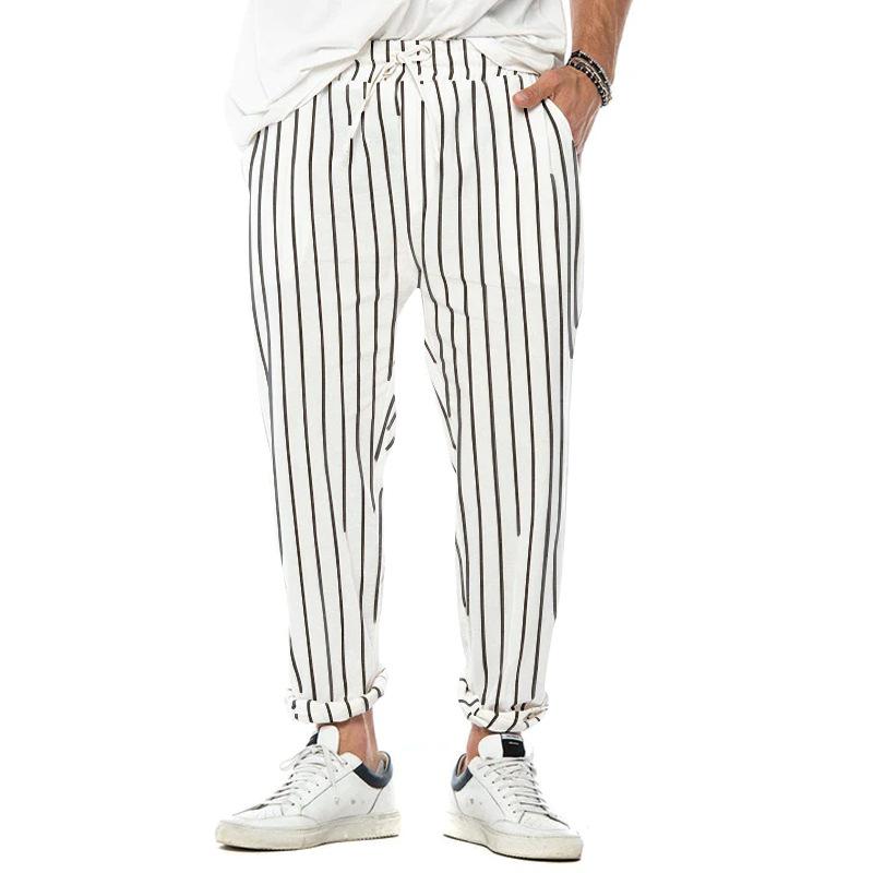 Pantaloni casual alla moda larghi dritti in cotone e lino a righe verticali da uomo 38653954Z