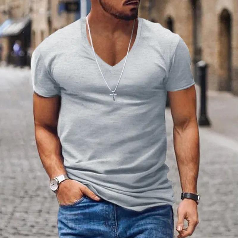 Men's Casual Solid Color V-neck Short-sleeved T-shirt 20302925X