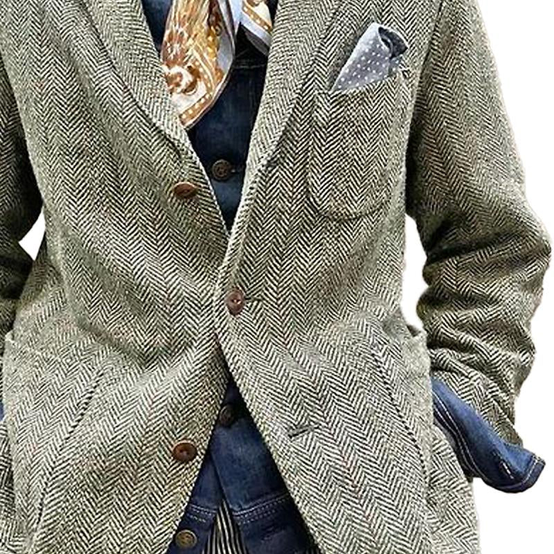 Men's Vintage Herringbone Single-Breasted Lapel Multi-Pocket Blazer 83357632Y