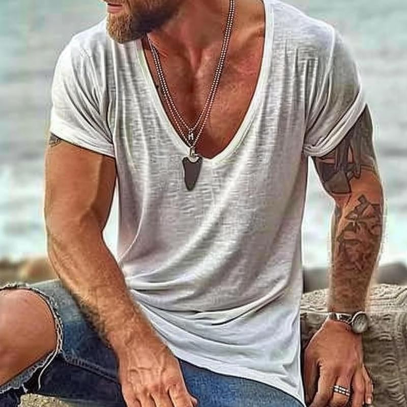 Men's Casual Cotton V Neck Short-Sleeved T-Shirt 00121855M