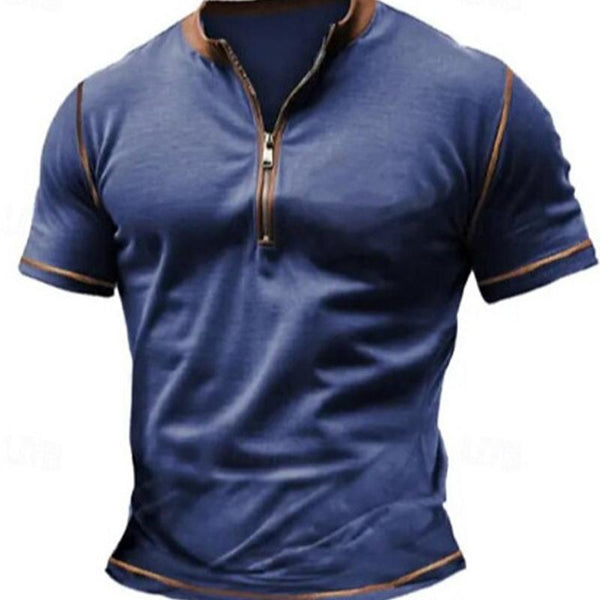 Men's Casual Cotton Blend Zip Collar Pullover Short Sleeve T-Shirt 46908796M