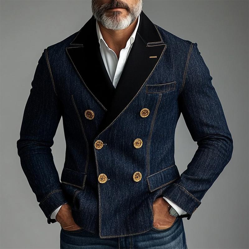 Men's Denim Patchwork Double Breasted Blazer 58735220X