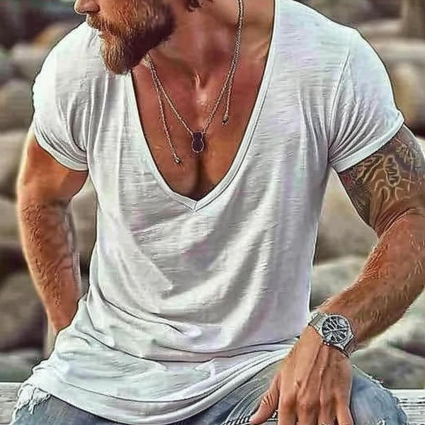 Men's Casual Cotton Blended V Neck Short Sleeve T-Shirt 11304005M